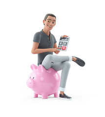 3d character man sitting on piggy bank with calculator