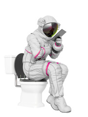 astronaut reading a tablet on the toilet