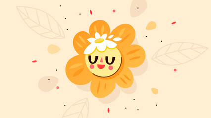 Fond d'écran décoratif avec une fleur orange, ambiance d'automne, style mignon cartoon, illustration pour enfants, grands yeux et sourire