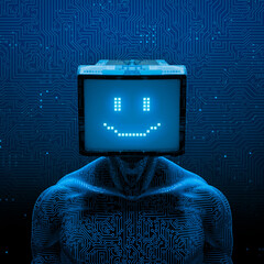 Smiling gamer artificial intelligence - 3D illustration of dark pixel smile faced male robot figure with computer monitor head on abstract computer circuit board background - 529689718