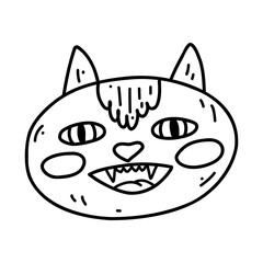 Hand drawn doodle spooky cat. Halloween cartoon animal, vector sketch illustration, line art for web design, icon, print, coloring page