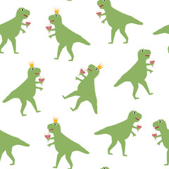 Seamless pattern with dinosaur holding wineglass with sequin elements. Funny typography poster with t-rex, print design.