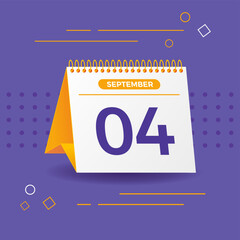 White and yellow calendar on lilac background. 4th of september. Vector. 3D illustration.