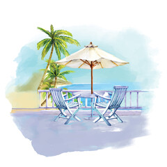 Watercolor Beach view from hotel, balcony, chairs and palm tree