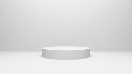 Empty white podium. Round platform display on white room background. Blank stage backdrop. Empty product shelf. 3D rendering.