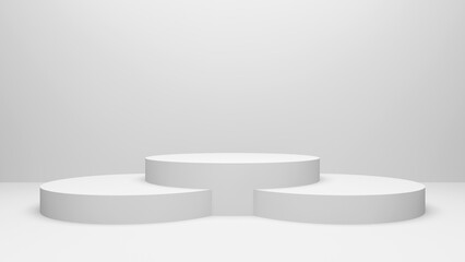 White podium. Round platform display on white room background. Blank stage backdrop. Empty product shelf. 3D rendering.