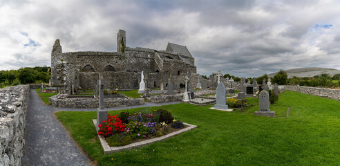 panorama view of the historic 13th-century Corcomroe Abbey and cemetery in County Clare