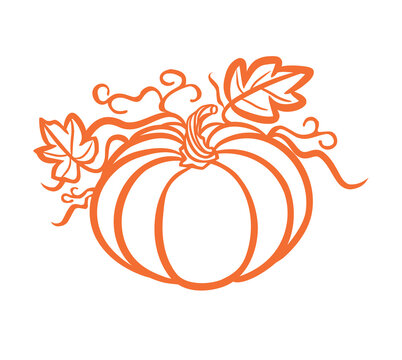 Orange Pumpkin Vector Silhouette Outline Stencil,leaves And Stem.Fall.Symbol Of October Harvest Festival.Halloween.Hello Autumn.Line Art Contour Drawing.Cricut Plotter Laser Cut.Print.Sticker.DIY