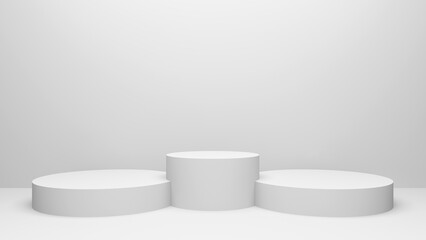 Empty white podium. Round platform display on white room background. Blank stage backdrop. Empty product shelf. 3D rendering.