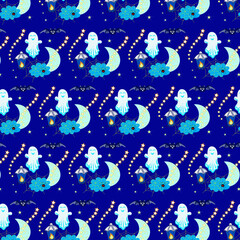 Seamless repeating pattern for Halloween. Doodle, cartoon, hand-drawn color. Design for postcards, digital paper, wallpaper, background, textiles, fabric,  poster.