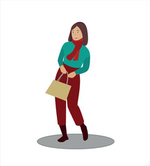 Woman holding packages with clothes after shopping vector illustration. Flat style. Shopping, fashion concept.
