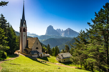 Church of St. James on a beautiful summer day in Val Gardena, South Tyrol, Italy
