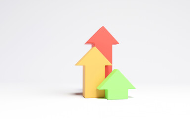 Arrow three colors pointing up on white background. business idea represents the growth and the increase of money. profit on investment. 3D rendering illustration