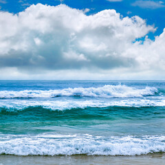 Tropical beach with high waves for surfing.