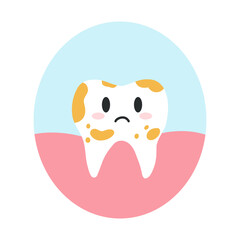 Dirty tooth cartoon character in cartoon flat style. Vector illustration of disgruntled unhealthy teeth character, dental care concept, oral hygiene