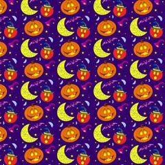 Seamless repeating pattern for Halloween. Doodle, cartoon, hand-drawn color. Design for postcards, digital paper, wallpaper, background, textiles, fabric,  poster