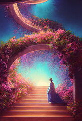 woman walking up the stairs that lead to a biblical abstract portal surrounded by mytical coloful haze and vines with big flowers