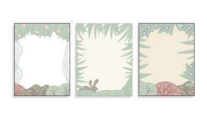 frames with bushes, grass, rabbit