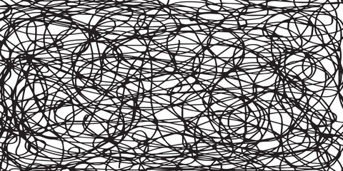 Confused seamless linear texture. Geometric pattern with continuous wavy lines. Abstract white line doodle on black background.