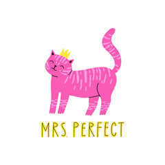 cute cat in crown drawn in flat style. mr perfect. vector illustration