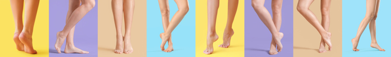 Collage with legs of beautiful barefoot women on colorful background