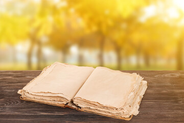 Open old book on wooden table in autumn park