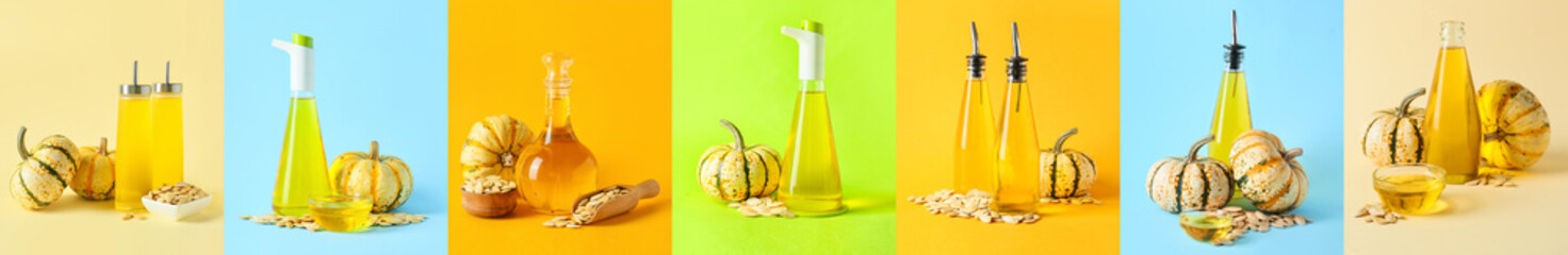 Collage with natural pumpkin oil on colorful background