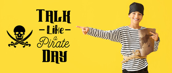 Banner for Talk Like a Pirate Day with little boy holding treasure map on yellow background