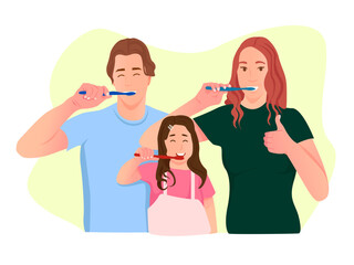 Family brushing their teeth. Brushing teeth for oral hygiene. Clean white tooth. Healthy teeth.