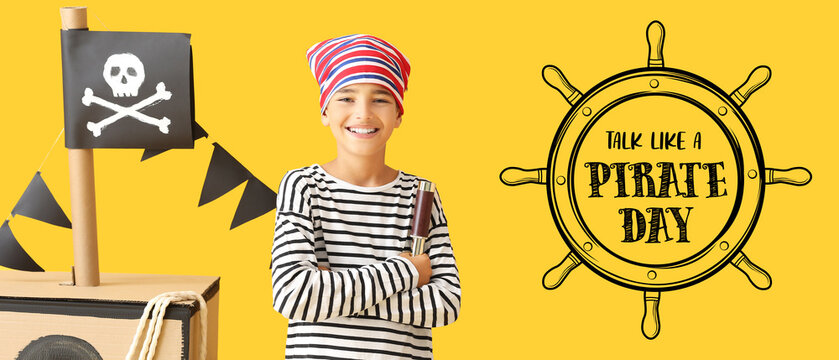 Banner for Talk Like a Pirate Day with little boy on yellow background