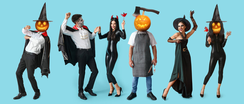 Collage with people in Halloween costumes on blue background - Powered by Adobe