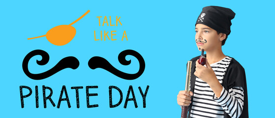 Banner for Talk Like a Pirate Day with little boy on blue background