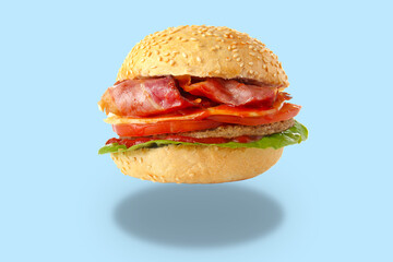 Tasty burger with bacon on white background