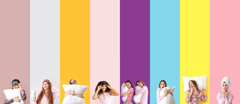 Collage of pretty women in pajamas, with pillows and sleep masks on colorful background