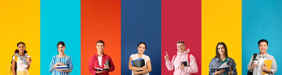 Collection of different students on color background