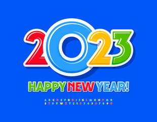 Obraz premium Vector bright greeting card Happy New Year 2023! Colorful glossy Font for Kids. Cute Alphabet Letters and Numbers set