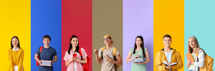 Group of students on color background