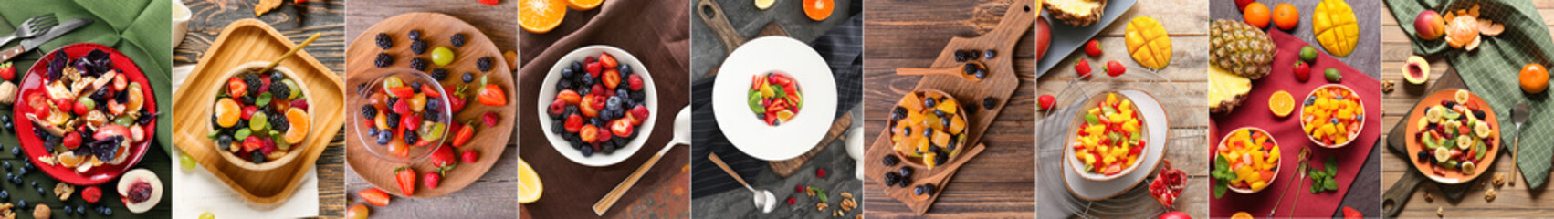 Collage of tasty fruit salads on wooden background, top view