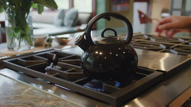 Close up of female hand placing black tea kettle on stove range in nice well lit home kitchen