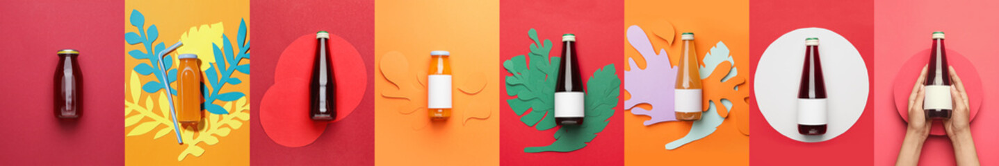 Collage of glass bottles of juice on colorful background, top view
