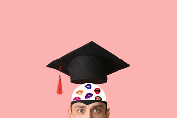 Collage of young man with female lips and graduation hat on pink background