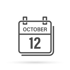 October 12, Calendar icon with shadow. Day, month. Flat vector illustration.