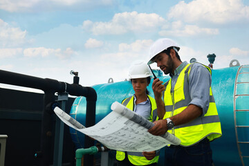 Male and Femal system engineer read the drawing work at construction site line , Project engineer...