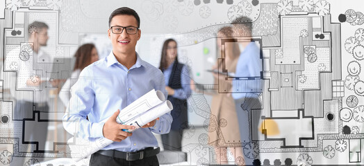 Double exposure of sketch and male landscape designer in office
