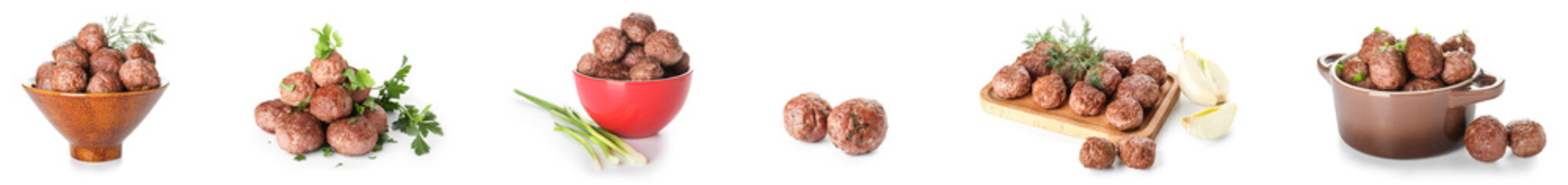 Set of tasty cooked meat balls on white background
