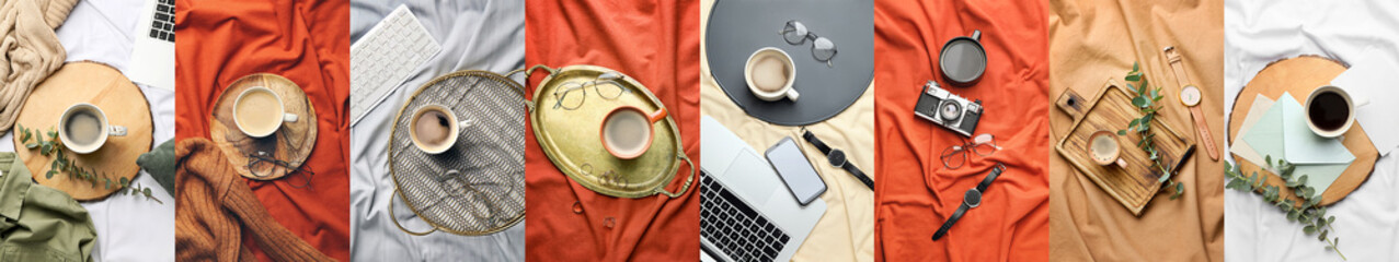 Collage of cups of coffee with computers, mobile phone, photo camera, eyeglasses and envelopes on bed, top view