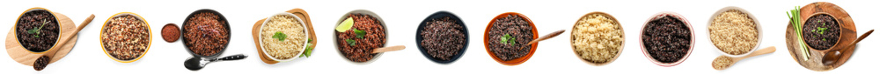 Collage of healthy quinoa in bowls on white background