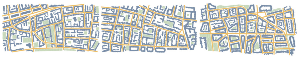 Fototapeta premium View from above the map buildings. City top view. Vector illustration. Map navigation to own house. Top view. Abstract background. Cute simple design. Vector illustration isolated on white.