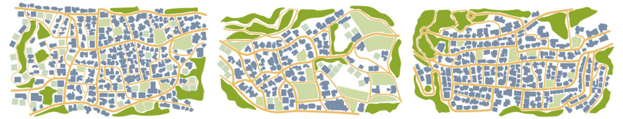 Fototapeta premium View from above the map buildings. City top view. Vector illustration. Map navigation to own house. Top view. Abstract background. Cute simple design. Vector illustration isolated on white.