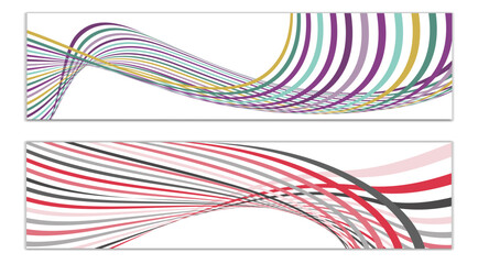 Wavy lines or ribbons. Set of 2 covers. Multicolored striped. Creative unusual background with abstract wave lines for creating a trendy banner, poster. vector eps